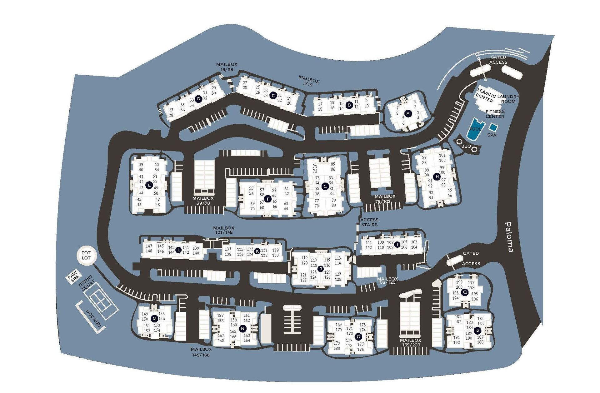 Floor plan of a complex with buildings, roads, parking, and a pool, set on a blue background.