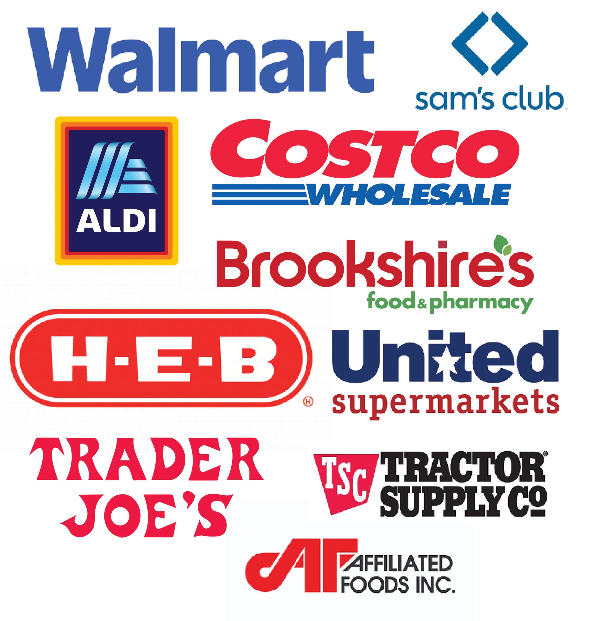 Logos of Walmart, Sam's Club, Brookshire's, Aldi, Tractor Supply, Associated Foods, Trader Joe's, Costco, and H-E-B.