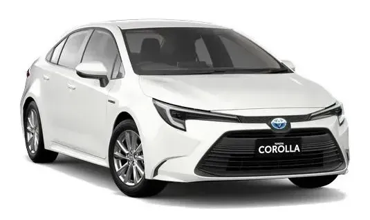 White Toyota Corolla sedan; front view, parked, daytime. — Crown Rental Cars in Nightcliff, NT