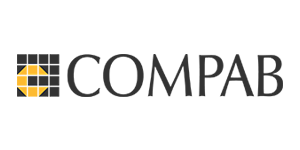 Logo per COMPAB: testo nero con una griglia e un disegno circolare giallo e nero.