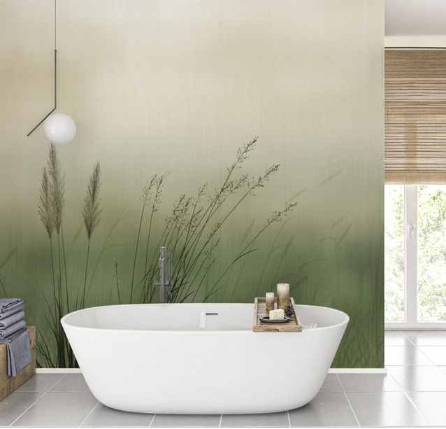 Soggiorno moderno con divano componibile marrone, parete in pietra e TV.