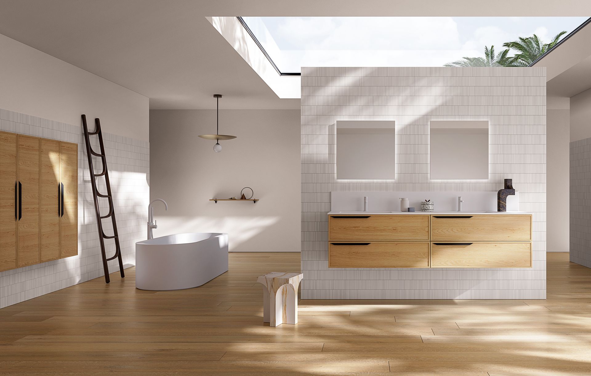 Bagno moderno con mobile lavabo in legno, due specchi e vasca da bagno indipendente.