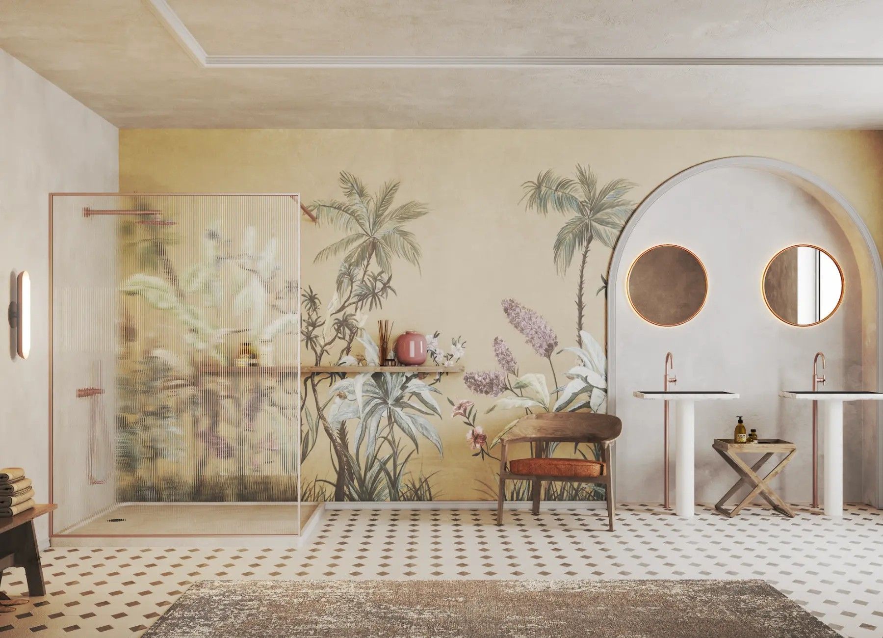 Bagno con murale tropicale, cabina doccia, doppi lavandini e pavimento in piastrelle a motivi.