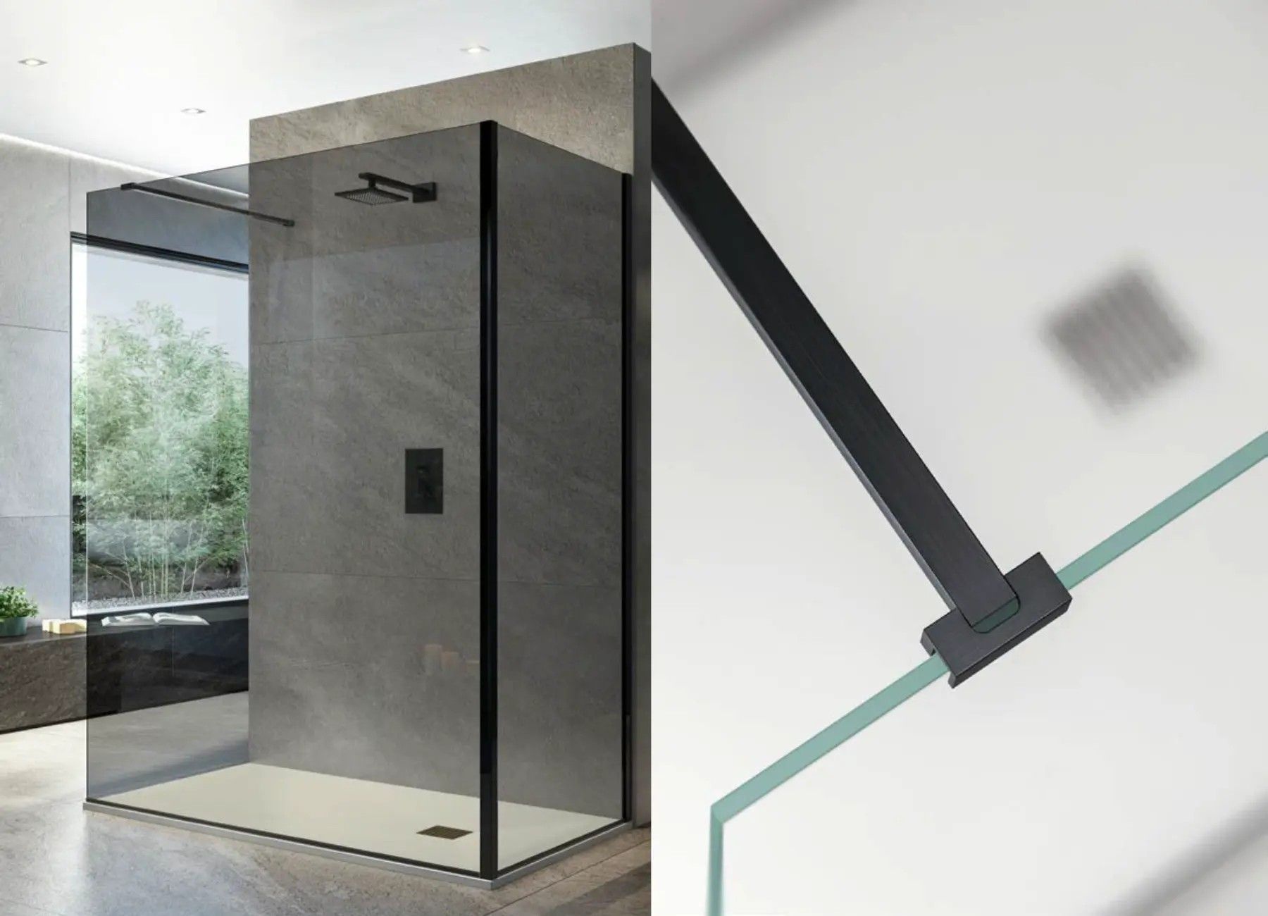 Box doccia in vetro con cornice nera e ferramenta nera opaca, accanto a un primo piano del braccio di supporto.