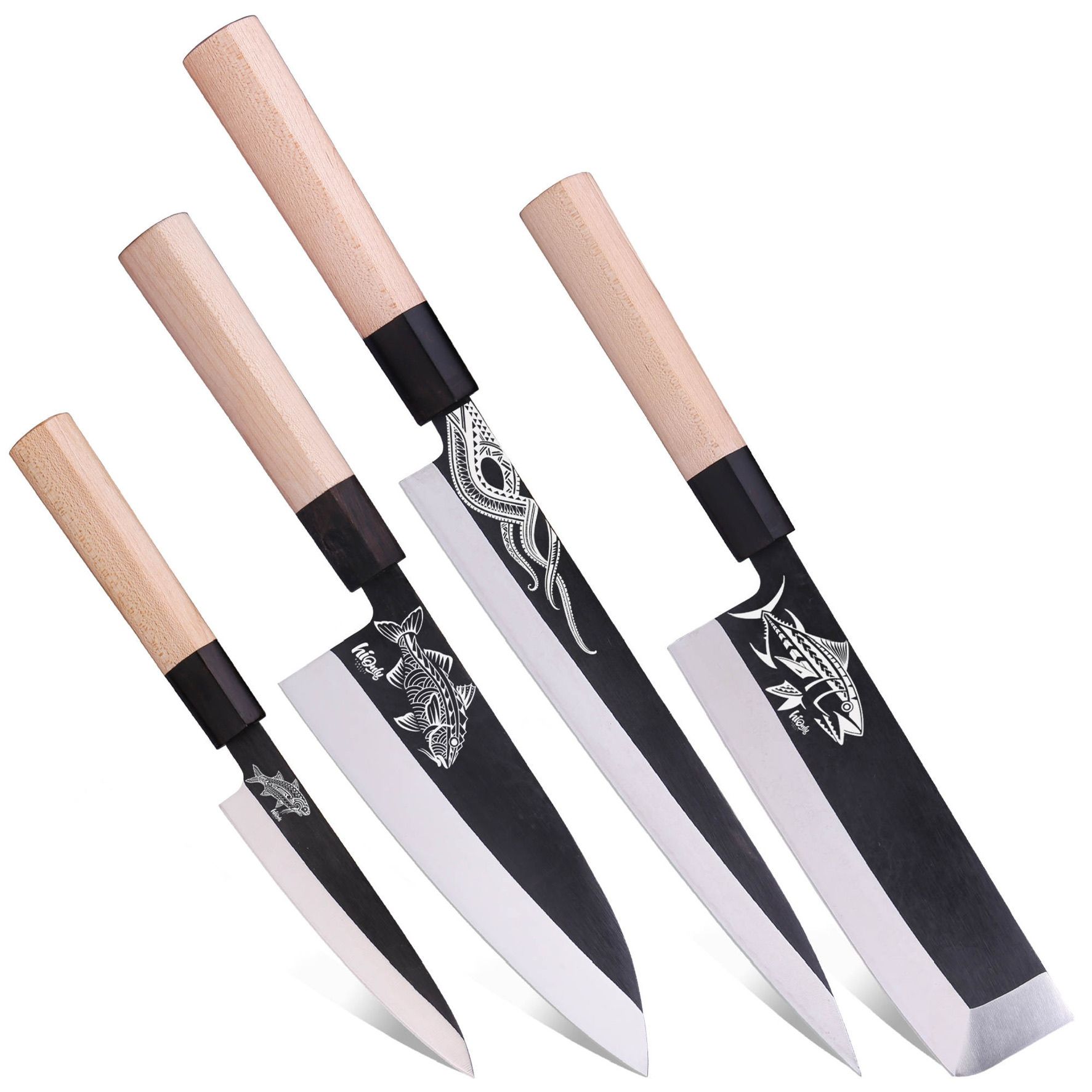 A set of four knives with wooden handles on a white background