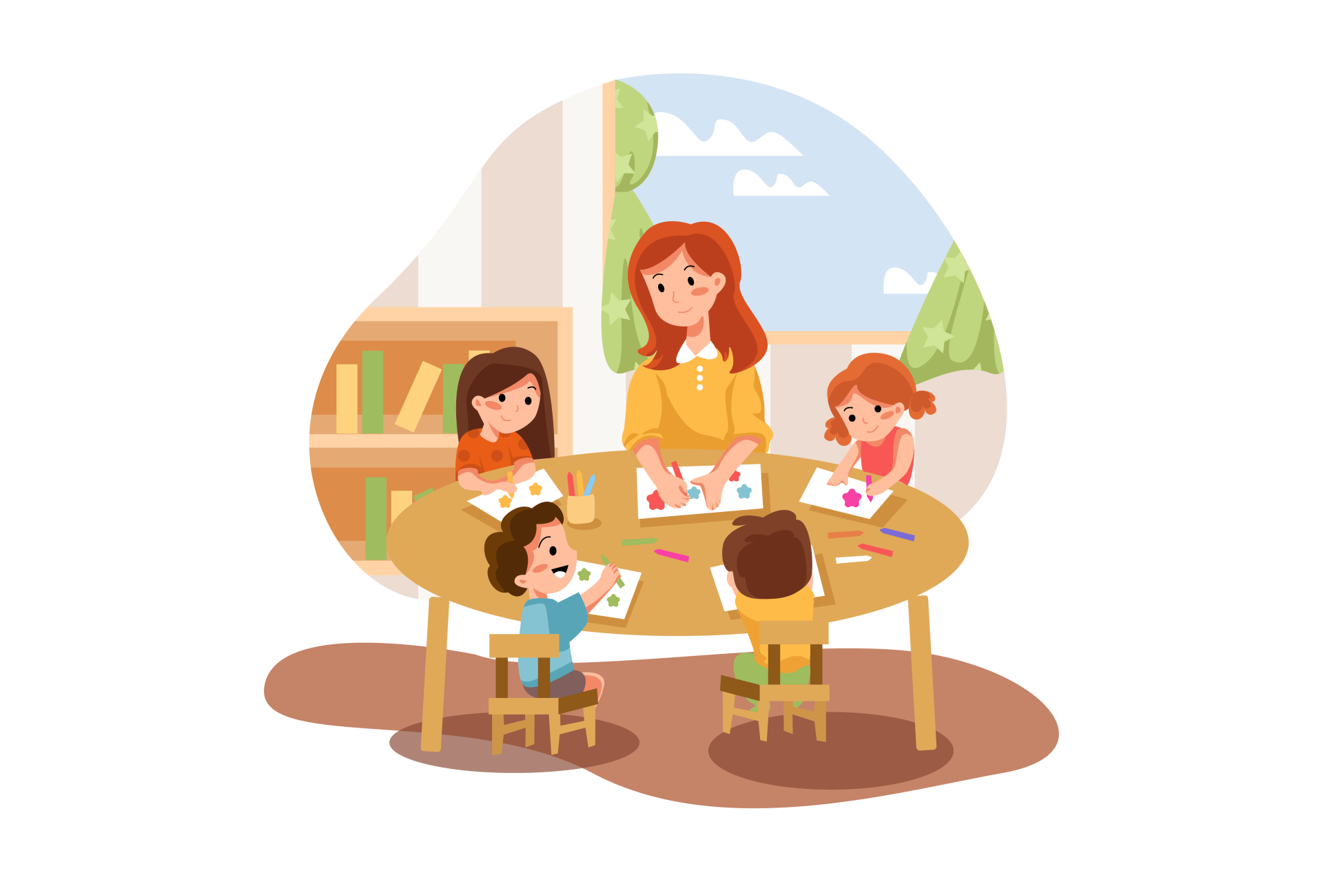 Cartoon illustration of red haired teacher doing a classroom activity with her students
