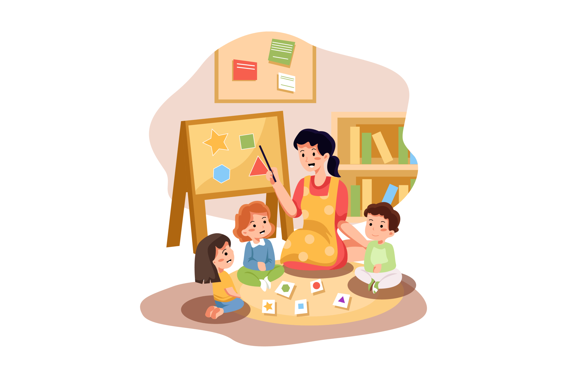 Cartoon illustration of teacher teaching her students about shapes