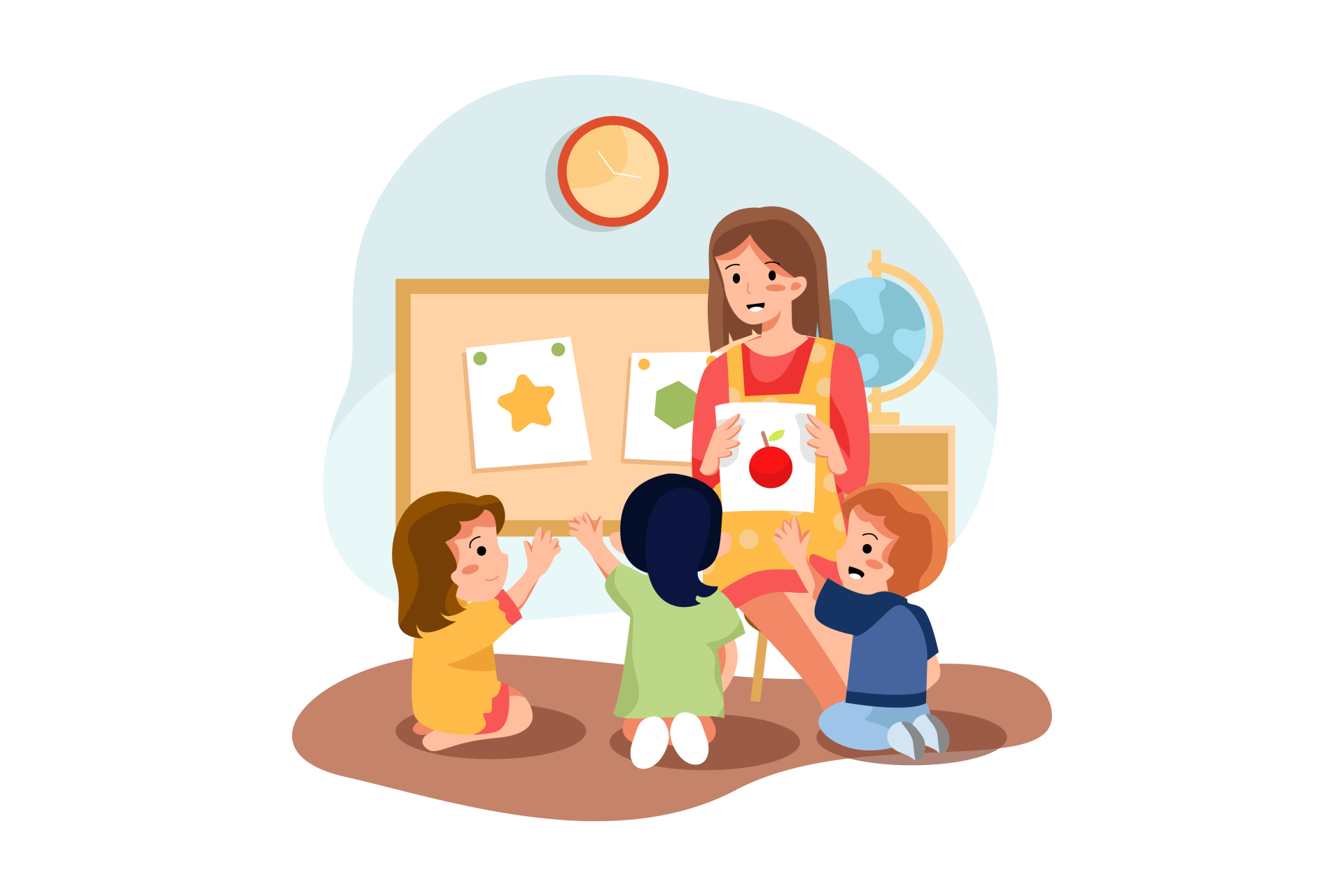 Cartoon illustration of teacher teaching her young students
