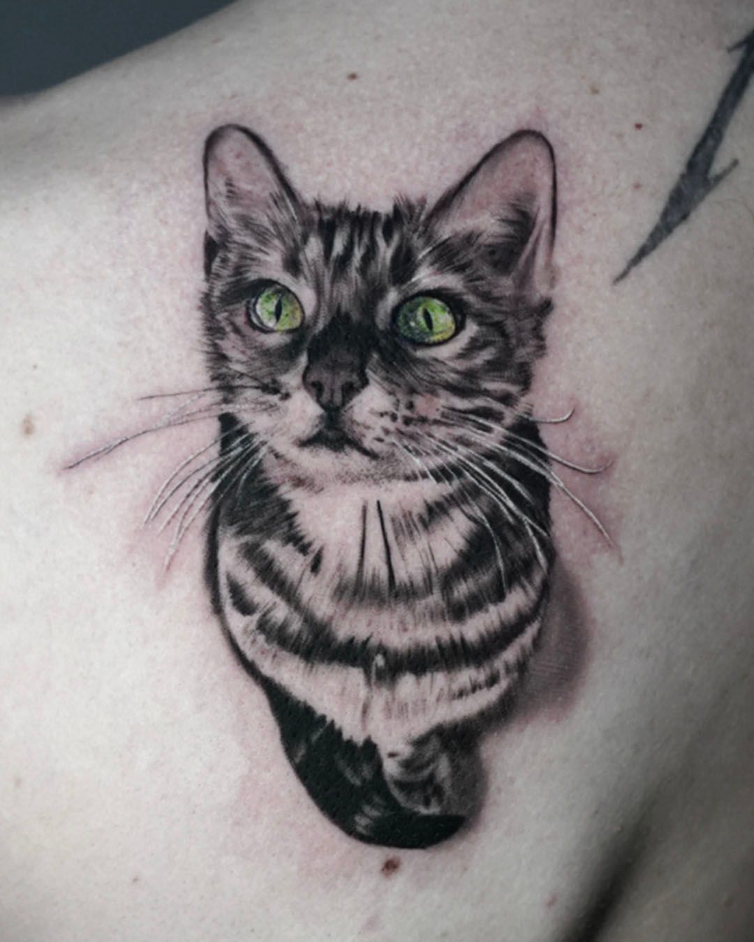 A realistic, black-and-grey tattoo of a cat with bright green eyes on someone's skin.