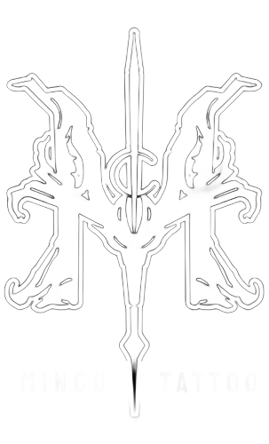 A white line art logo featuring a stylized letter M with a sword centered vertically, over faint text on a black background.