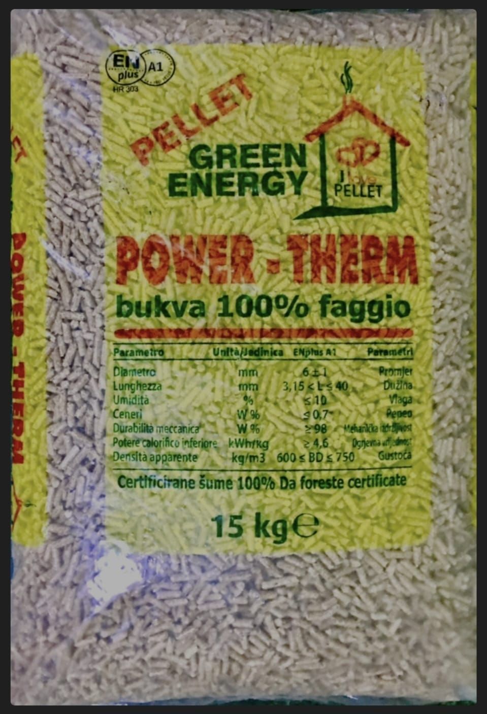 Sacco di pellet PIN con grafica a fiamma, 15 kg.