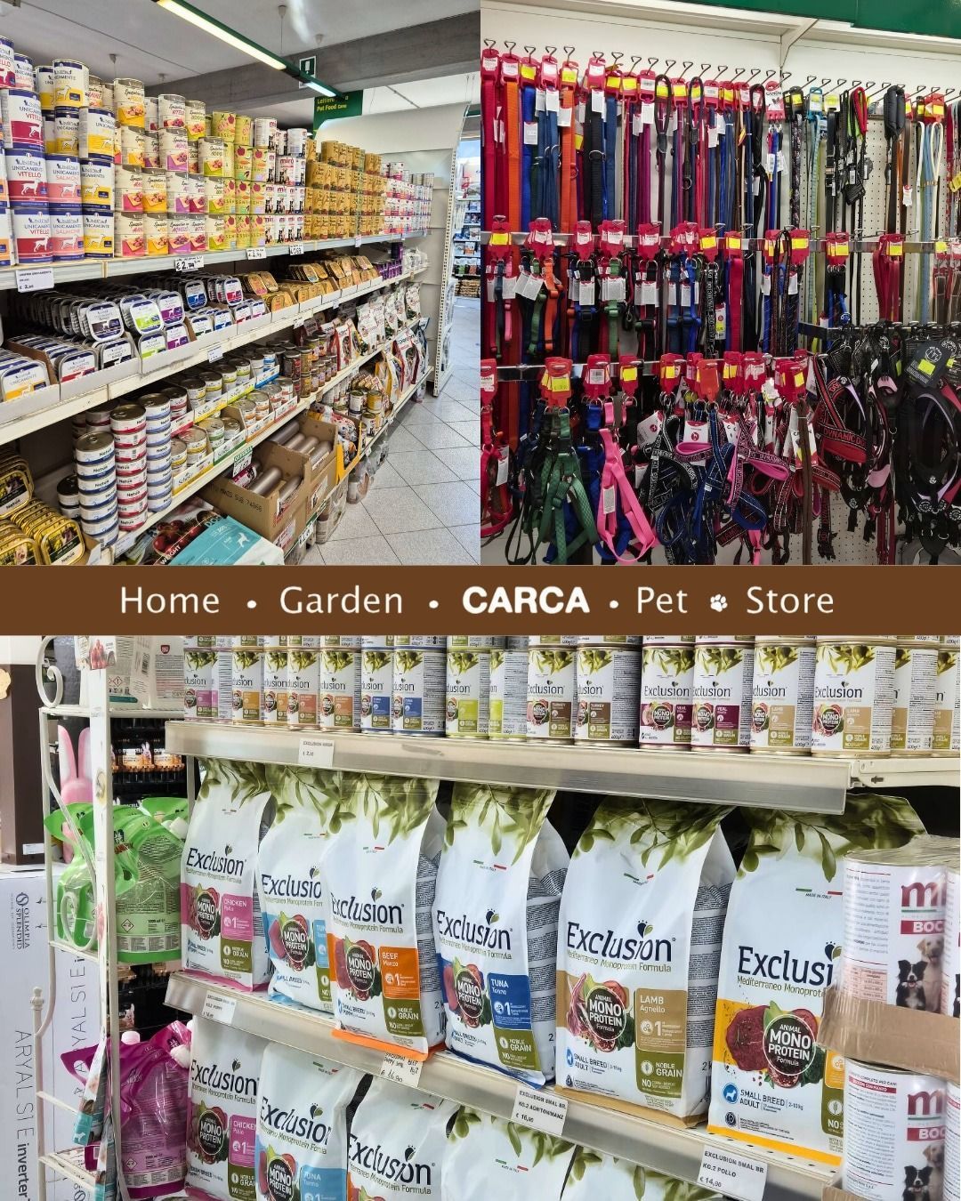 Scaffali di cibo e accessori per animali domestici in un negozio. Sotto c'è la scritta 