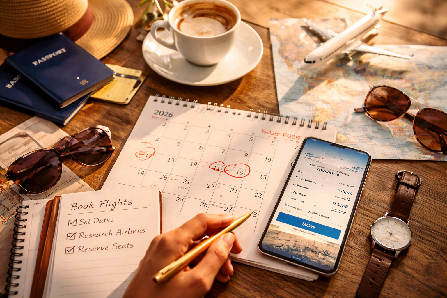 Person planning travel with passport, phone, calendar, and coffee on a table.