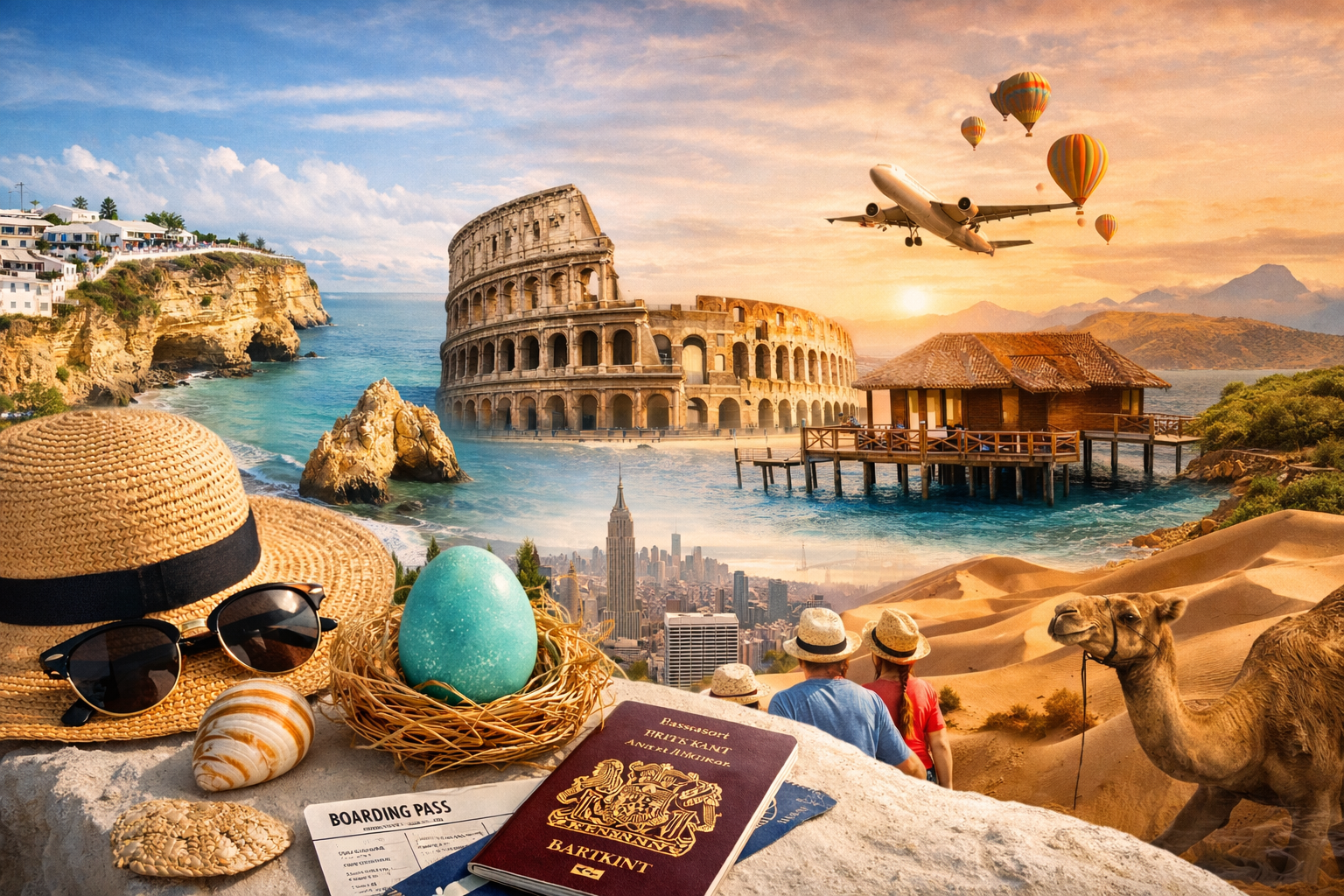 Collage of travel destinations: Colosseum, beach, desert, city. Airplane, hot air balloons, hat, passport.