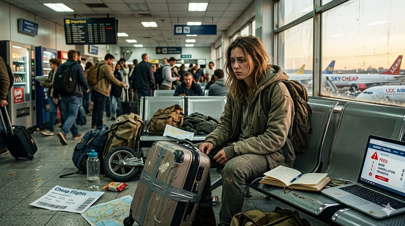 A person sits in a busy airport terminal near luggage and an open laptop, looking tired amid a crowd of travelers.