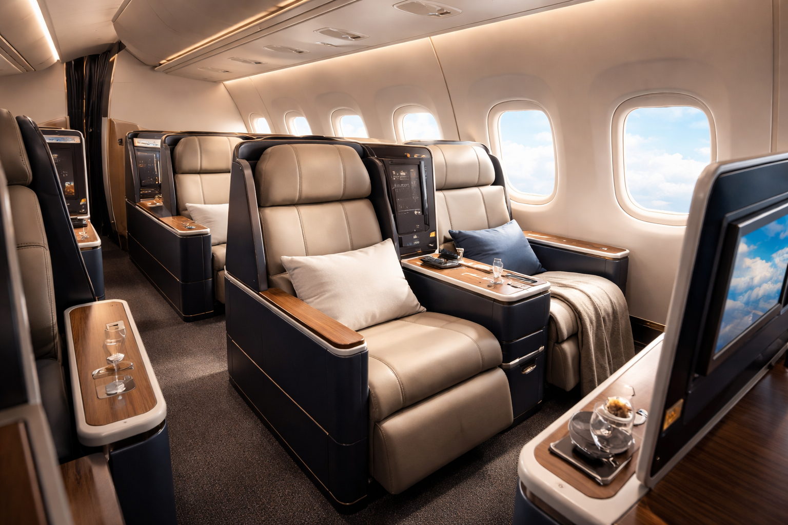 Luxury airplane cabin with beige seats, wooden accents, and blue-tinted windows.