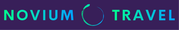 Logo for Novium Travel, with text in a gradient of green and blue, and a circular design.
