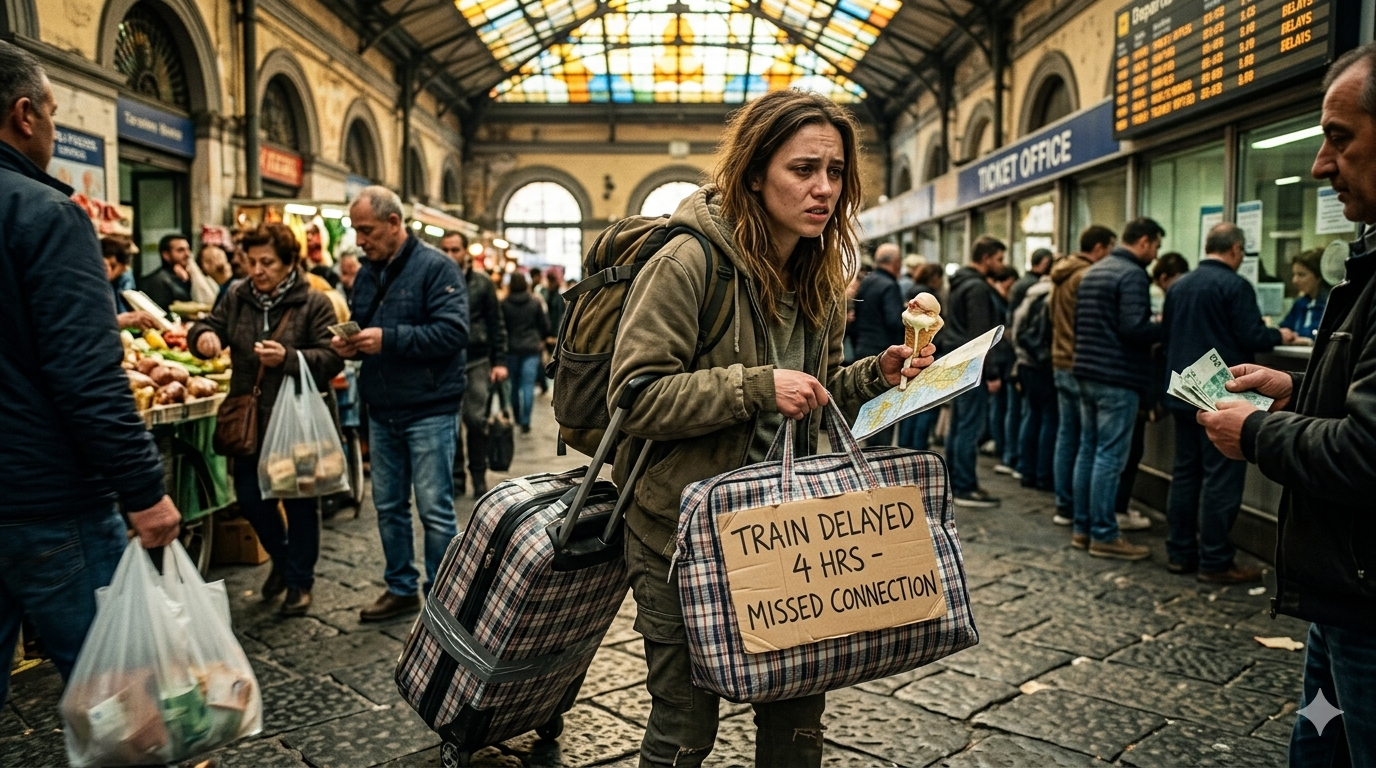 Crowded train station with a woman holding a sign and looking frustrated