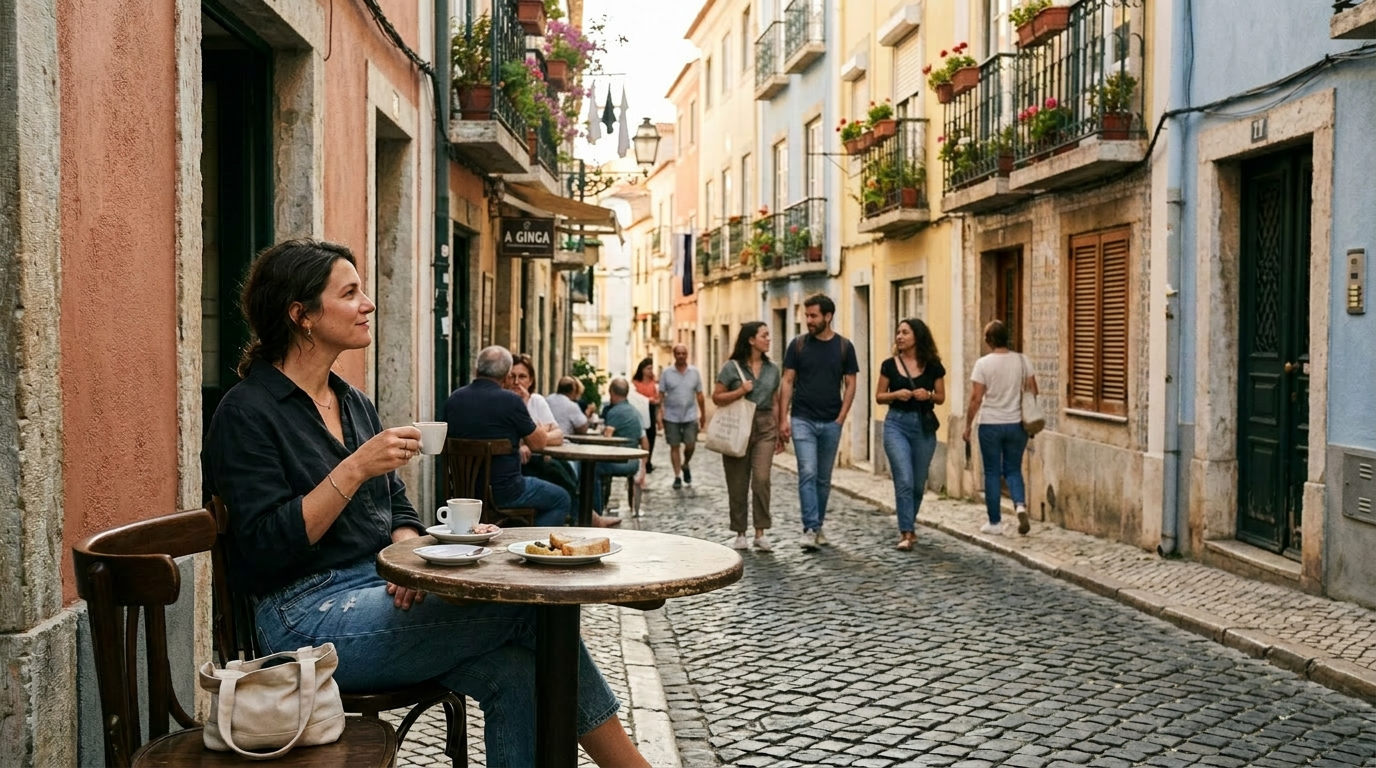 Traveller enjoying coffee at a small European street café and observing local daily life and culture