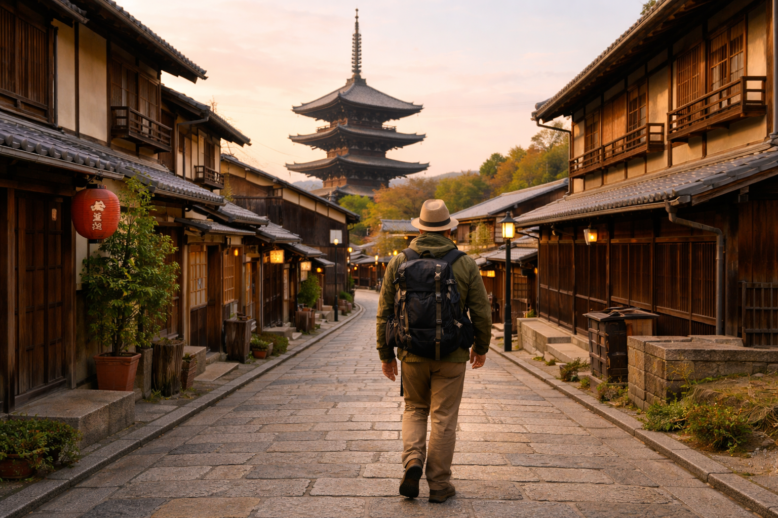 Traveller exploring traditional neighbourhood streets in Kyoto discovering authentic local culture.