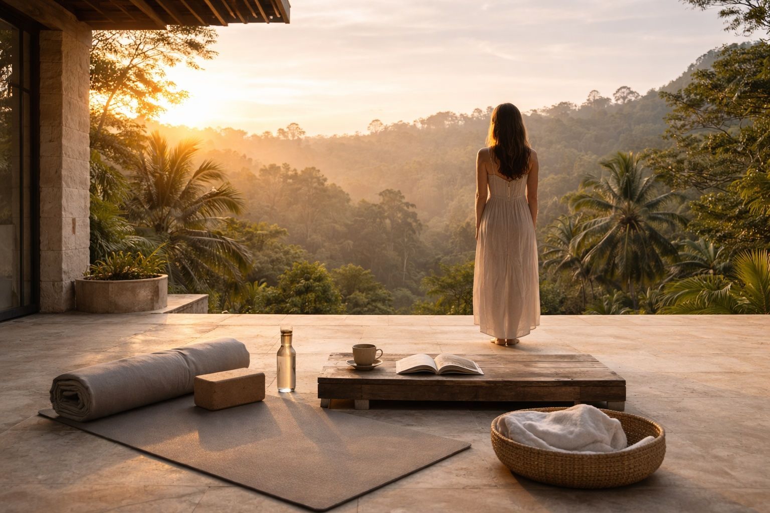 Woman standing on a private rainforest retreat terrace at sunrise with yoga mat and book overlooking tropical forest canopy.