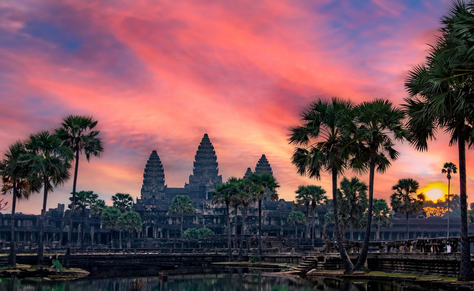Sunrise over Angkor Wat temple in Cambodia experiencing one of the world’s great cultural landmarks