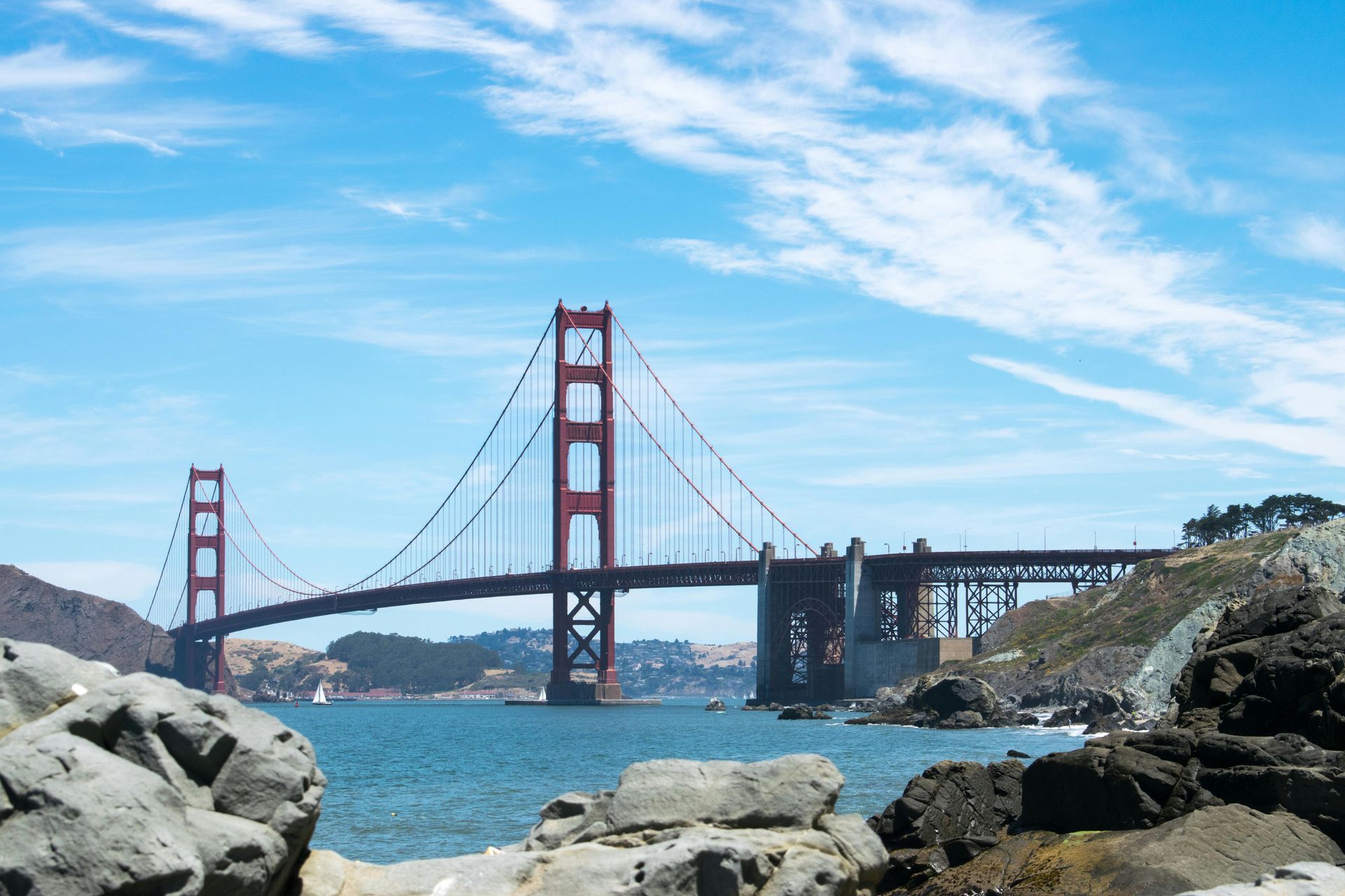Golden Gate Bridge spans across a blue bay under a partly cloudy sky.