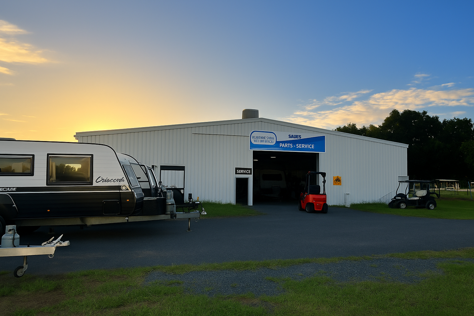 A White Workshop With A Trailer In Front — Torque Metro Caravan Services in Archerfield, QLD