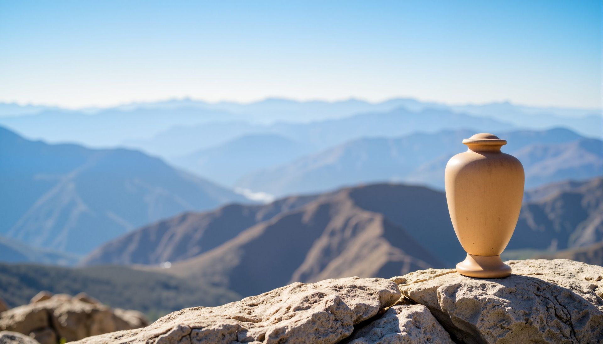 A beige cremation urn resting on a rocky mountain peak overlooking vast, hazy blue mountain ranges under a clear sky.