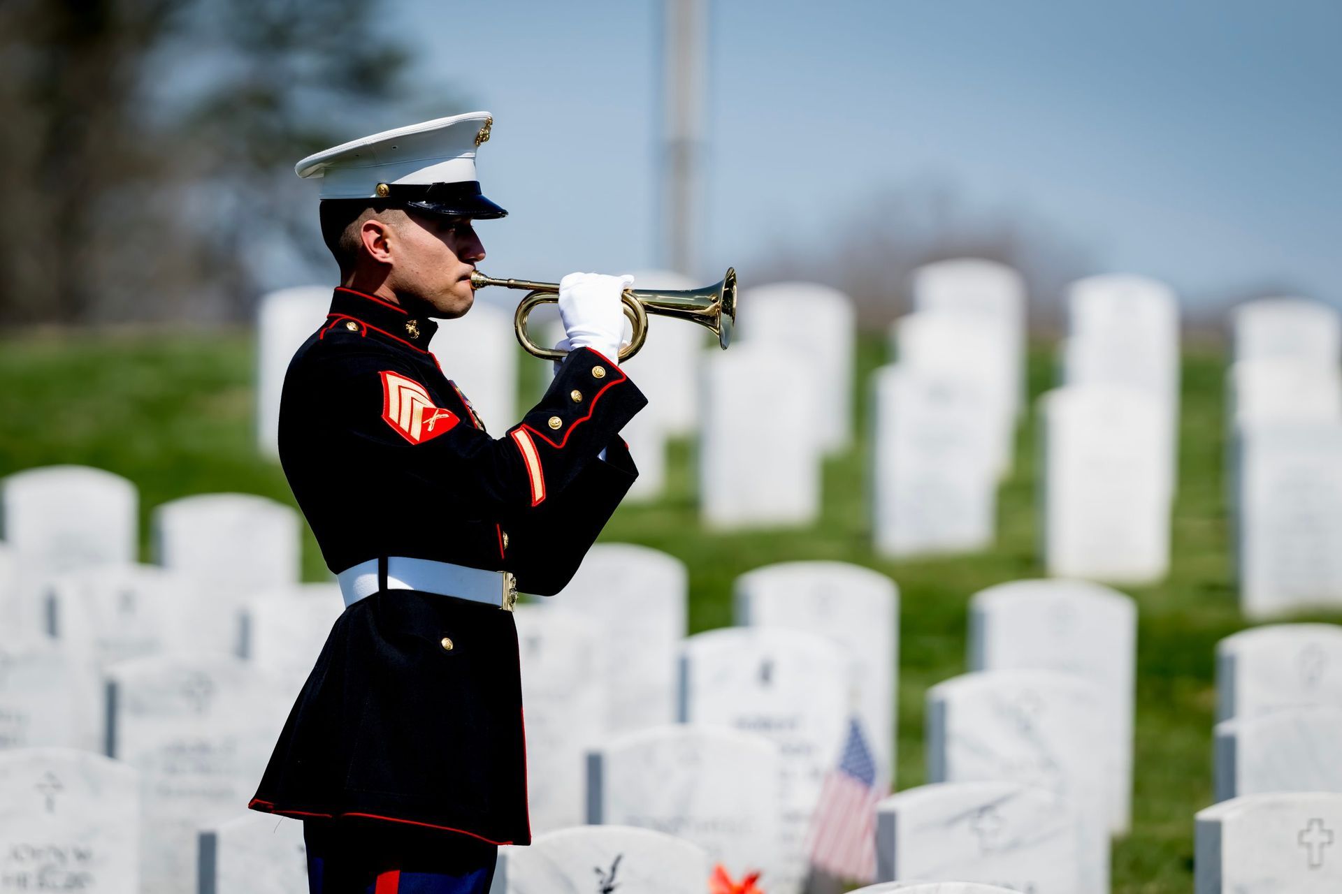 A Marine in dress uniform plays a bugle during a solemn ceremony in a military cemetery with rows of white headstones.