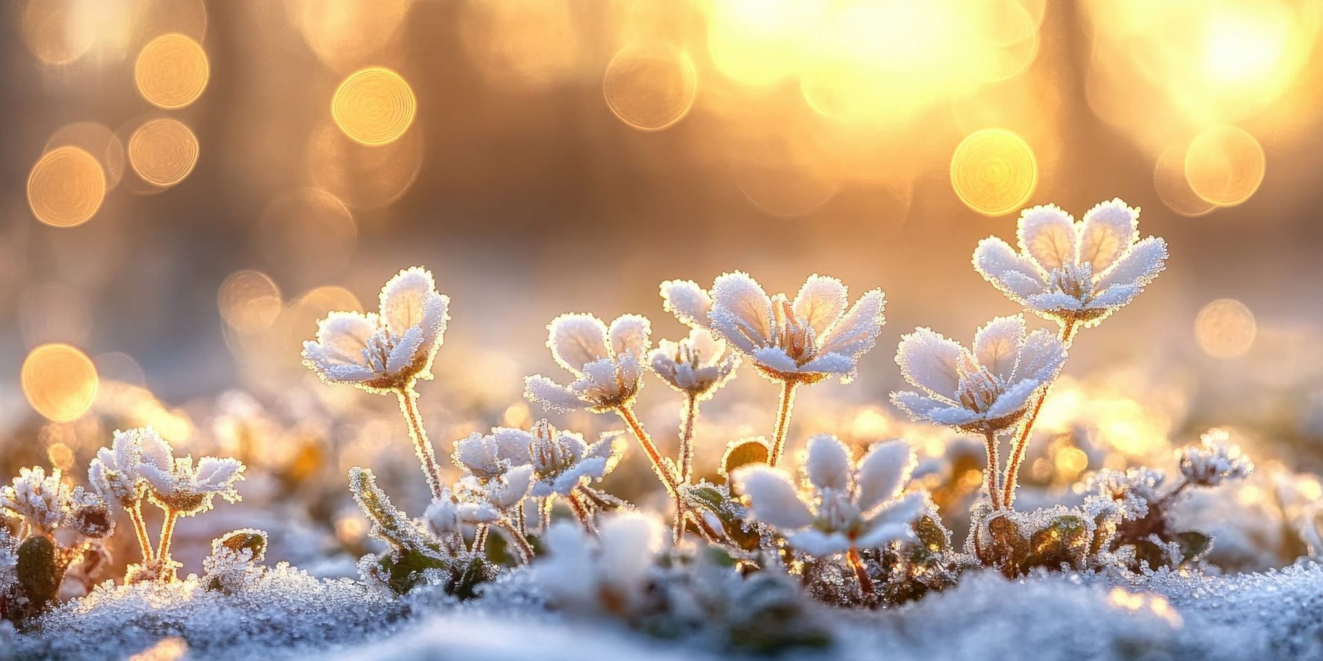 Small white flowers dusted with frost bloom in the snow, illuminated by the warm, golden glow of a setting sun.