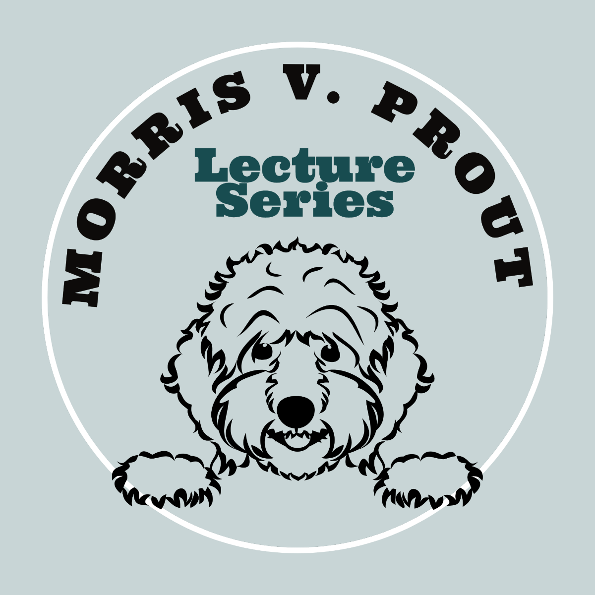 Logo for the Morris V. Prout Lecture Series, featuring a black-and-white line drawing of a fluffy dog on a pale blue circle.
