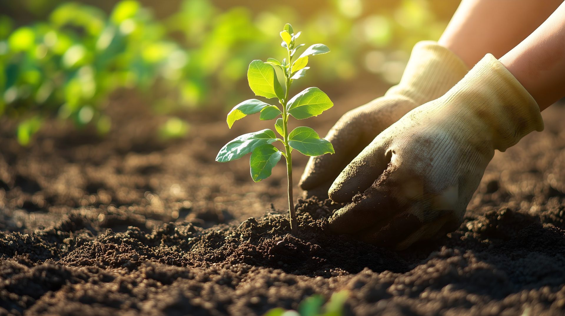 Gloved hands carefully tuck soil around a small green sapling planted in a sunlit garden bed.