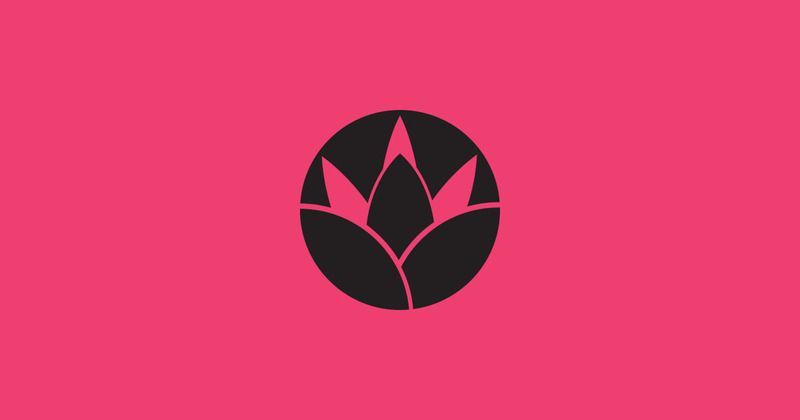 A stylized black lotus or flower icon inside a circle, centered on a vibrant pink background.