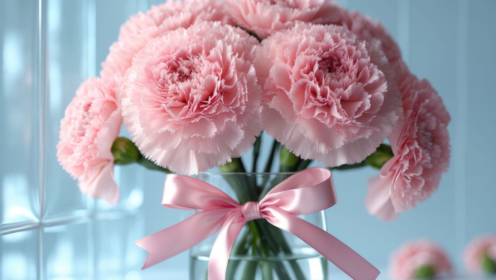 A bouquet of light pink carnations in a glass vase tied with a matching pink ribbon, set against a soft blue background.