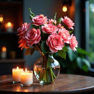 Pink Roses and Candles on a wooden table