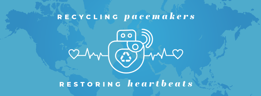 A light blue graphic shows a pacemaker icon, heart rate line, and hearts over a world map, with text about recycling.