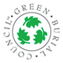 A circular logo for the Green Burial Council featuring three green oak leaves arranged in a triangle on a white background.
