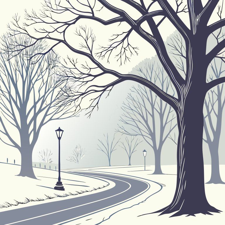 A stylized, monochromatic winter scene featuring a winding road lined with bare trees and streetlamps in a snowy landscape.