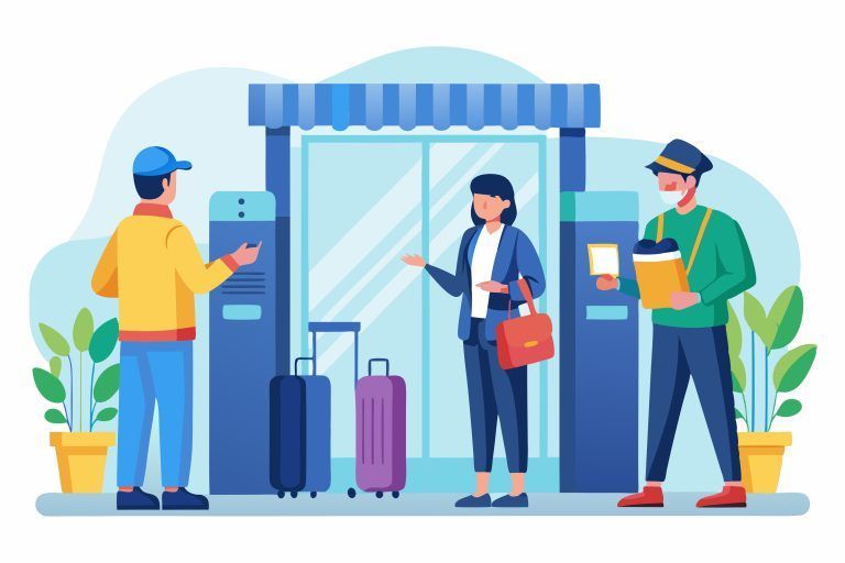 A traveler with luggage interacts with airport security staff at a gate entrance.