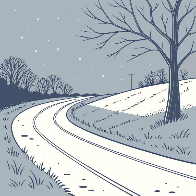 A winding road curves through a wintry landscape with bare trees and falling snow, illustrated in shades of blue and white.