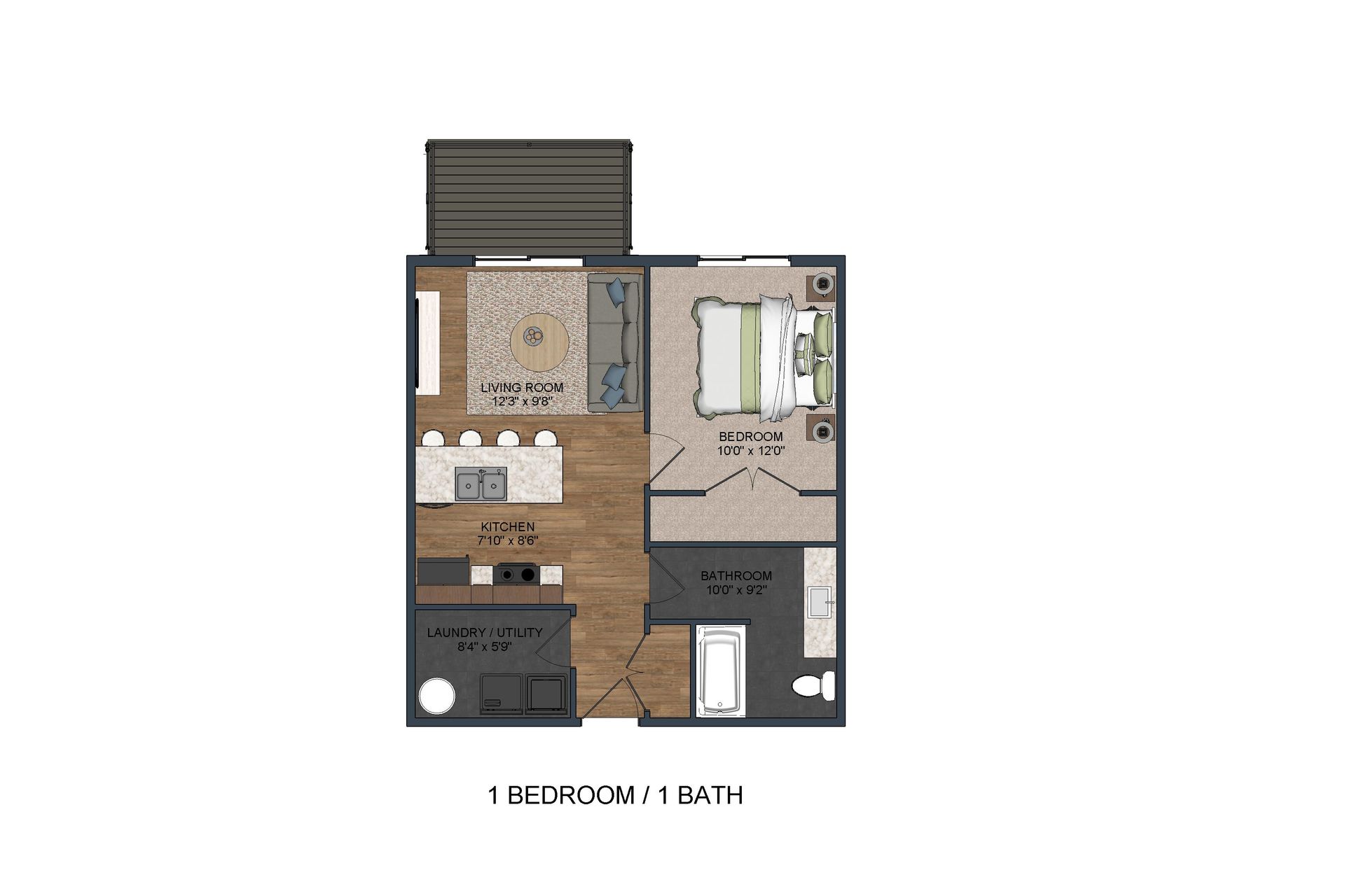 A floor plan of a single bedroom apartment with a balcony.