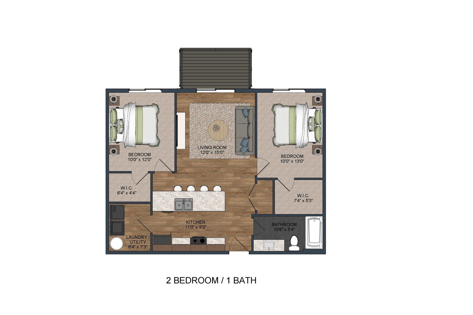 A floor plan of a house with two bedrooms and a bathroom.