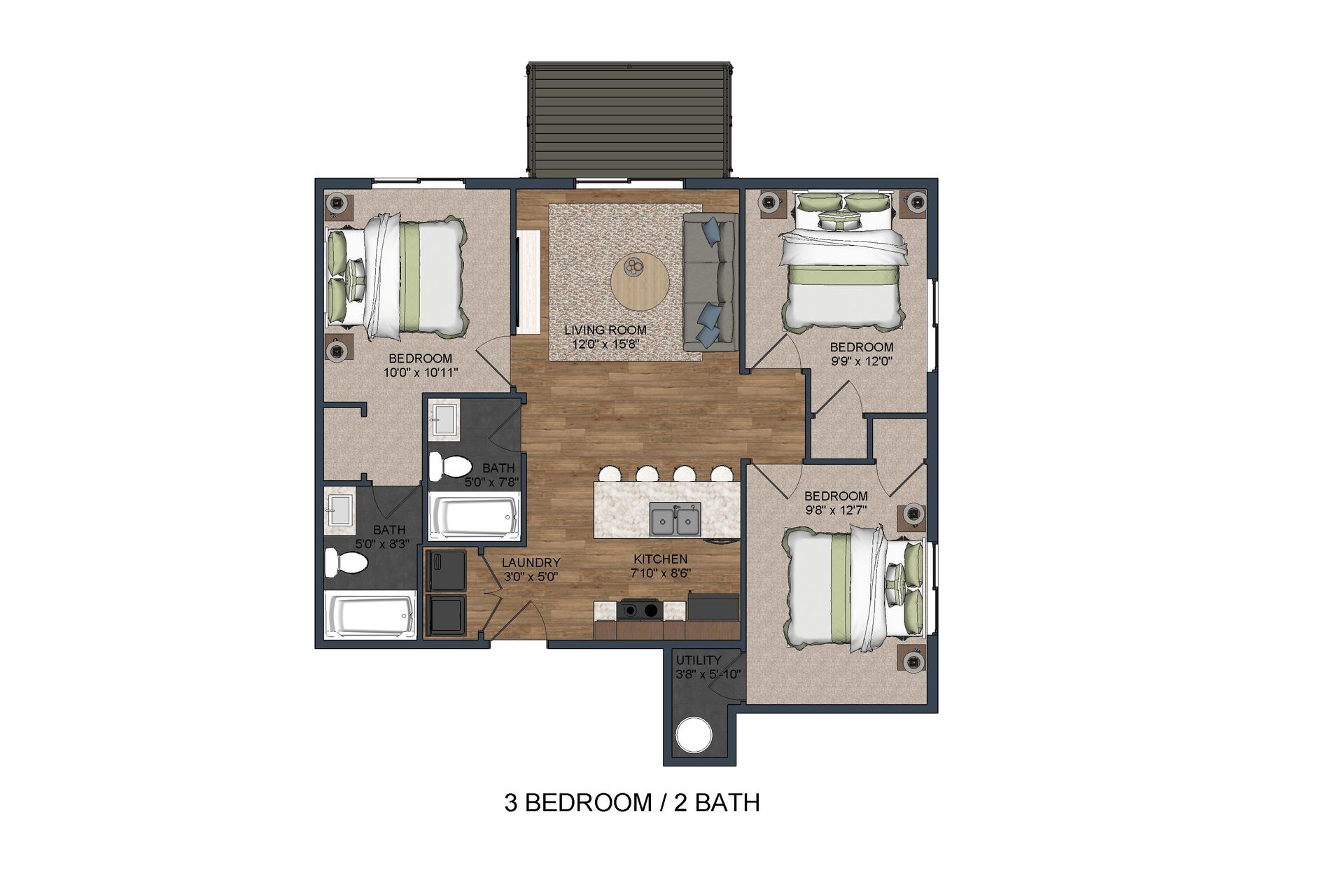 A floor plan of a house with three bedrooms and a bathroom.
