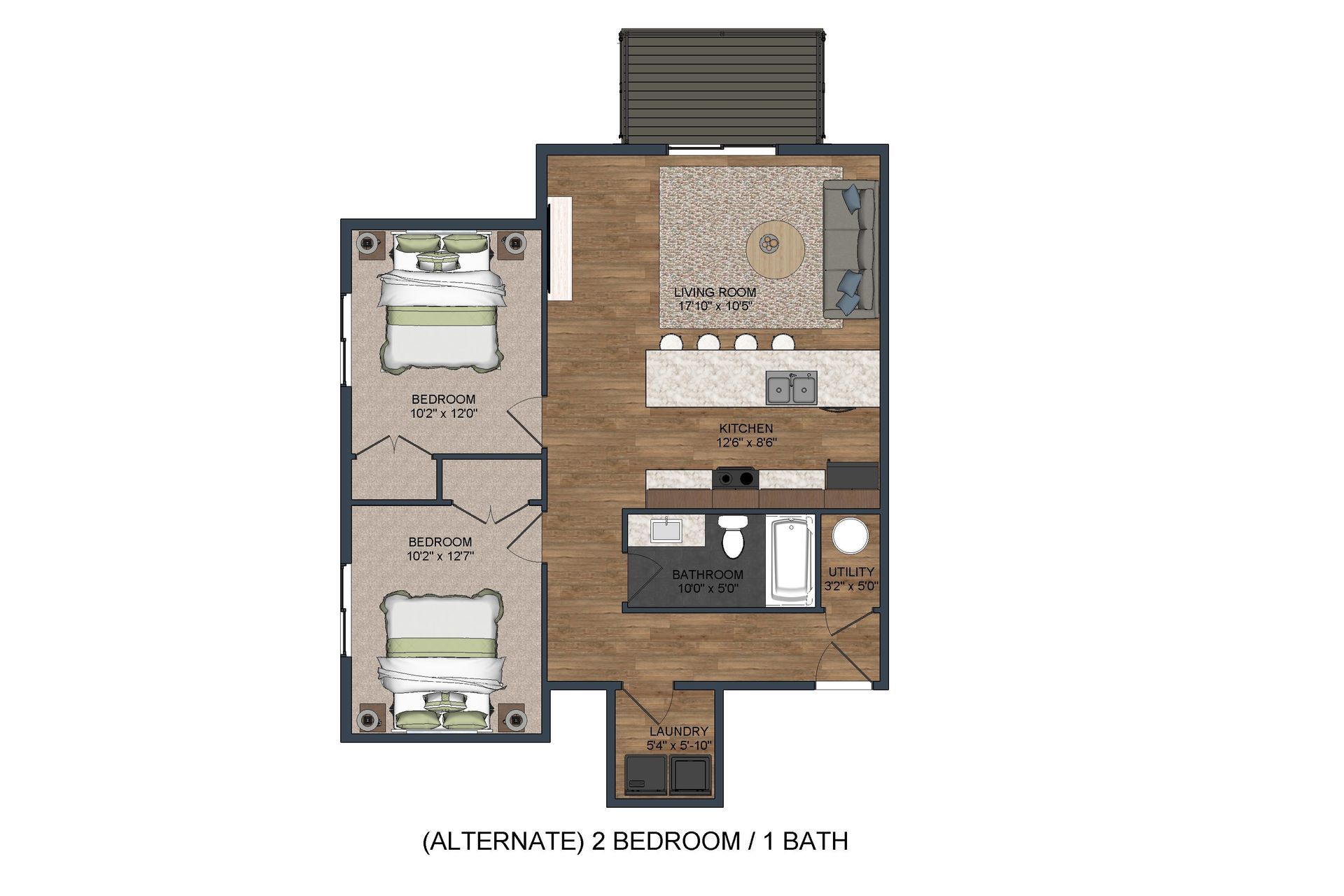 A floor plan of a house with two bedrooms and a kitchen.