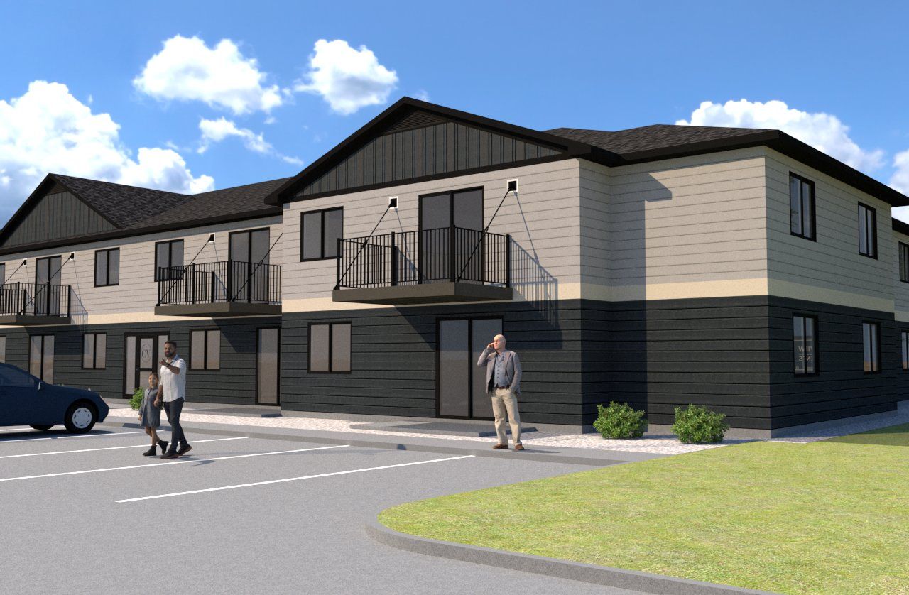 An artist 's impression of a building with a car parked in front of it.