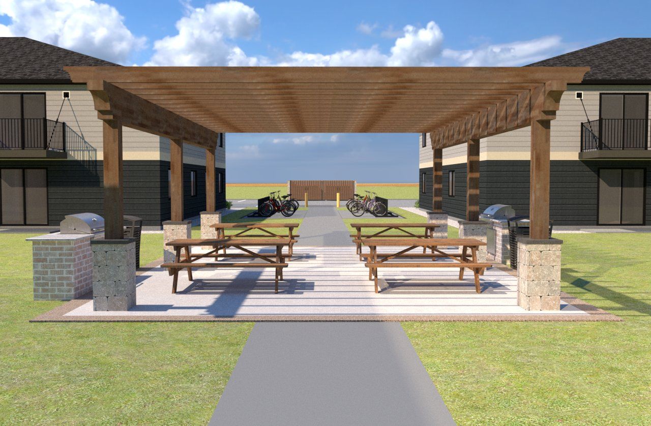 An artist 's impression of a pergola with picnic tables and grills.