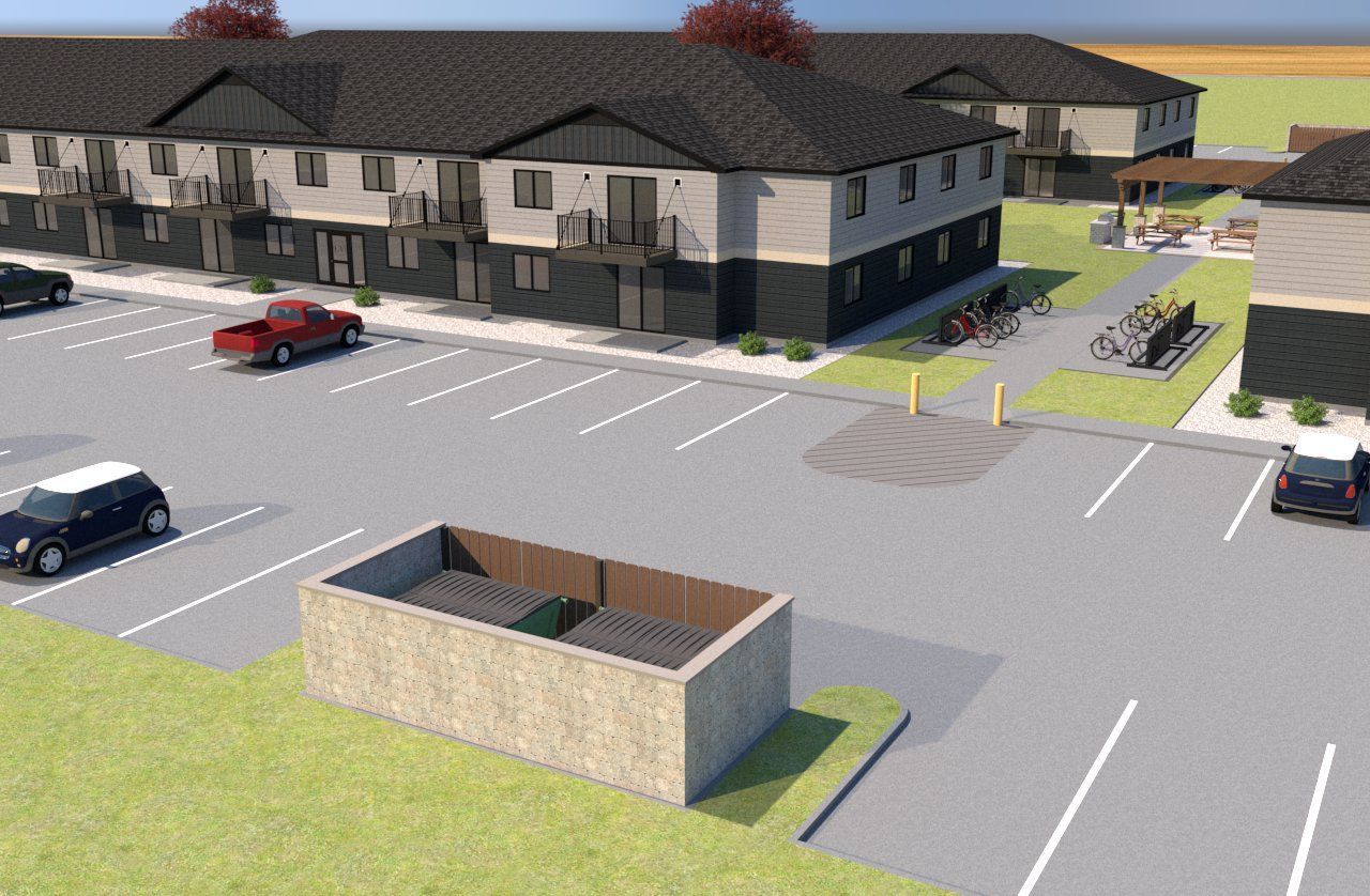 An artist 's impression of a apartment complex with cars parked in front of it.