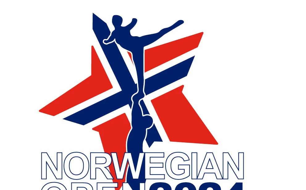 Logo: Silhouette of two people balancing a person doing a high kick, with a Norwegian flag-inspired star. 