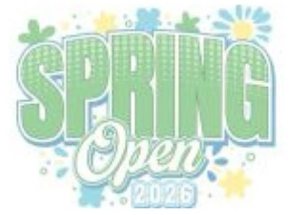 Spring Open 2025 text in green and white with pastel flowers and dots